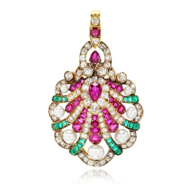 Ruby, emerald, diamond and natural pearl scallop shell pendant, formerly belonging to Mrs Flora Sassoon (1859-1936) | MasterArt